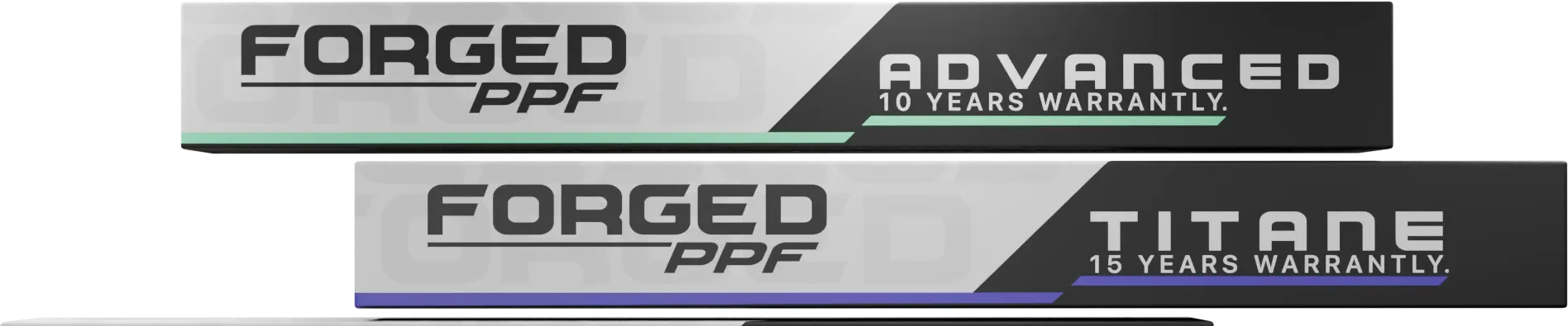Gamme Forged PPF : boîtes des films de protection Advanced (10 ans) et Titane (15 ans)